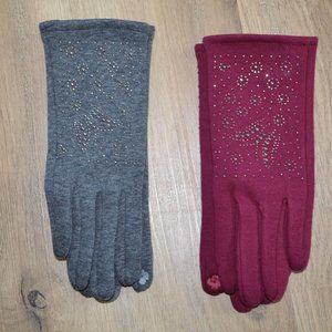 New Set of 2 NICOLE MILLER Studded Touchscreen Gloves Gray Wine